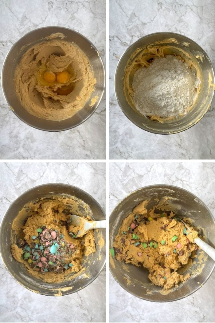 Top down view of 4 photos showing how to mix the ingredients to make the dough